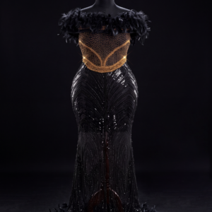 Black Gold Feather Glamour Gown (Any size available on request)